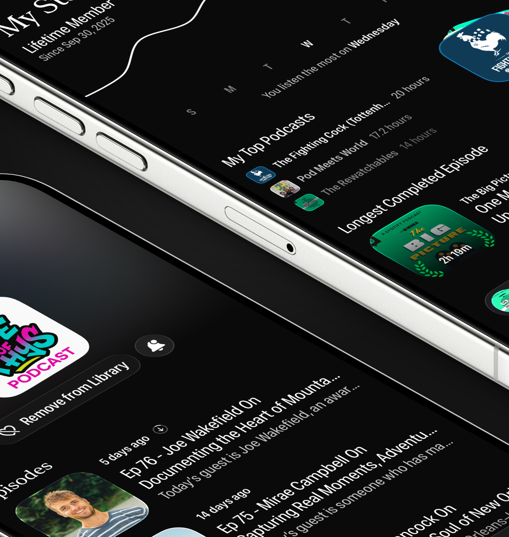 A lockup showing Peapod's podcast details and user playback stats